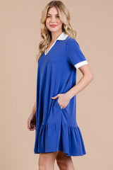 Ces Femme Ruffled Hem Johnny Collar Short Sleeve Dress