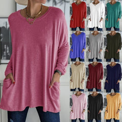 ð¥HOT SALE-49% OFF-Round Neck Long Sleeve Pocket Solid T-Shirt