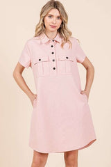 Mittoshop Button Detail Collared Neck Short Sleeve Shirt Dress