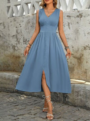 Perfee Ruched Decor Button Slit Sleeveless Midi Dress