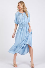 Ces Femme Smocked Elastic Waist Tie Neck Puff Sleeve Dress