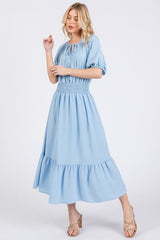 Ces Femme Smocked Elastic Waist Tie Neck Puff Sleeve Dress