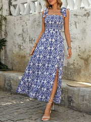 Perfee Slit Smocked Square Neck Printed Maxi Cami Dress