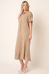 Mittoshop Collared Neck Dolman Short Sleeve Midi Shirt Dress