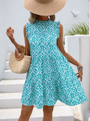 Perfee Printed Frill Sleeveless Mini Dress