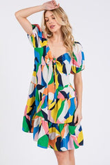 Ces Femme Abstract Print Sweetheart Neck Puff Sleeve Dress