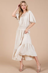 Ces Femme Smocked Elastic Waist Tie Neck Puff Sleeve Dress