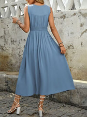 Perfee Ruched Decor Button Slit Sleeveless Midi Dress