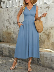 Perfee Ruched Decor Button Slit Sleeveless Midi Dress