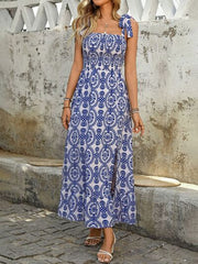 Perfee Slit Smocked Square Neck Printed Maxi Cami Dress