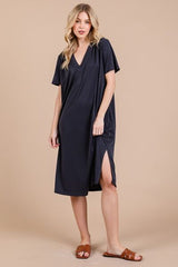 Ces Femme Side Slit Short Sleeve Midi Dress with Pockets