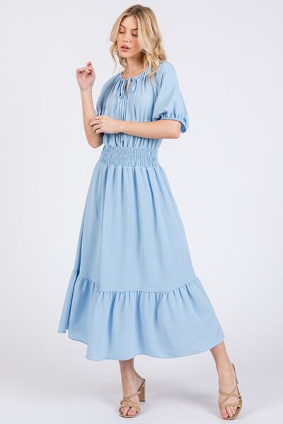 Ces Femme Smocked Elastic Waist Tie Neck Puff Sleeve Dress